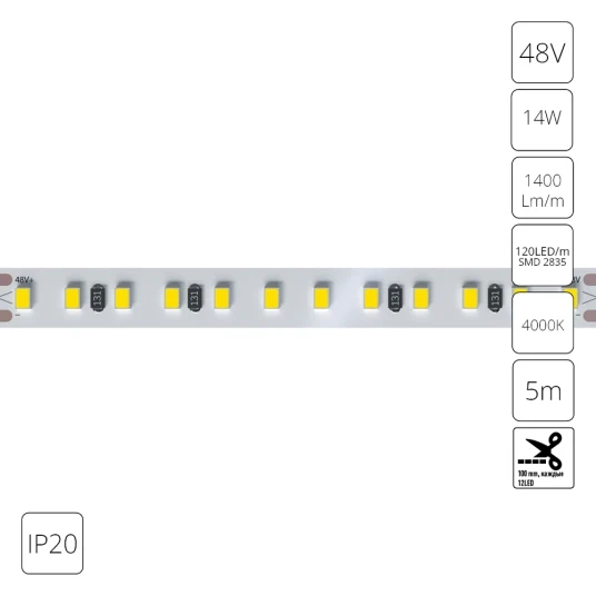 Фото Светодиодная лента 48V 14,4W/m 4000К 5м IP20 Arte Lamp TAPE A4812010-06-4K