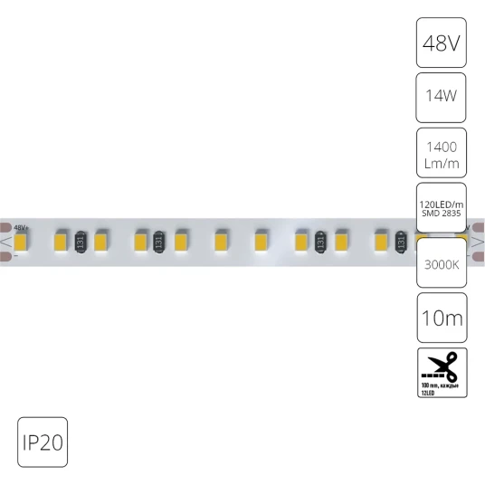 Фото Светодиодная лента 48V 14,4W/m 3000К 10м IP20 Arte Lamp TAPE A4812010-07-3K