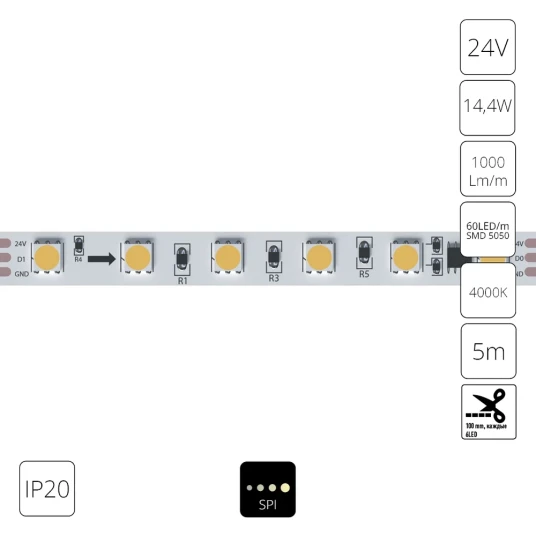 Фото Светодиодная лента 24V 14,4W/m 4000К 5м IP20 Arte Lamp SPI A2406010-04-4K