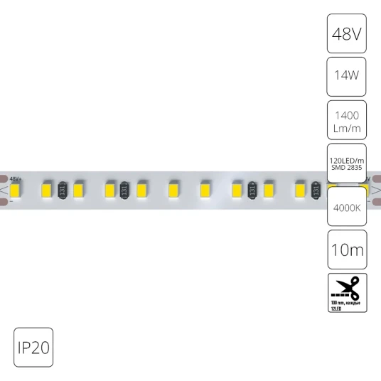 Фото Светодиодная лента 48V 14,4W/m 4000К 10м IP20 Arte Lamp TAPE A4812010-08-4K