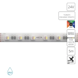 Фото Светодиодная лента 24V 14,4W/m (на канал 3,6W/m) RGB+W 4000К 5м IP65 Arte Lamp AQUA TAPE A2406012-05-RGB4K