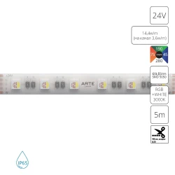Фото Светодиодная лента 24V 14,4W/m (на канал 3,6W/m) RGB+W 3000К 5м IP65 Arte Lamp AQUA TAPE A2406012-04-RGB3K