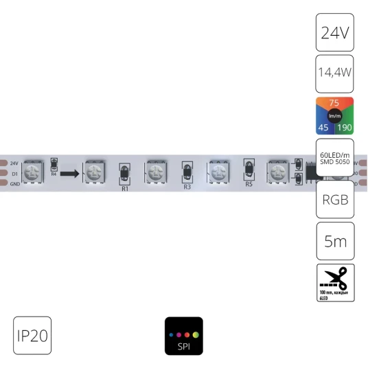 Фото Светодиодная лента 24V 14,4W/m (на канал 4,8W/m) RGB 5м IP20 Arte Lamp SPI A2406010-05-RGB