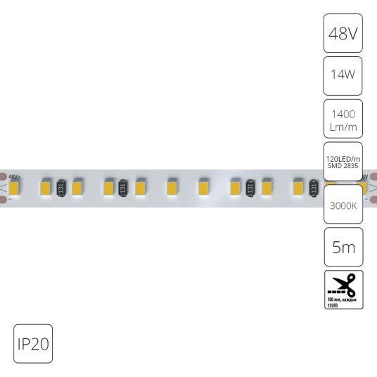 Фото Светодиодная лента 48V 14,4W/m 3000К 5м IP20 Arte Lamp TAPE A4812010-05-3K