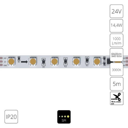 Фото Светодиодная лента 24V 14,4W/m 3000К 5м IP20 Arte Lamp SPI A2406010-03-3K