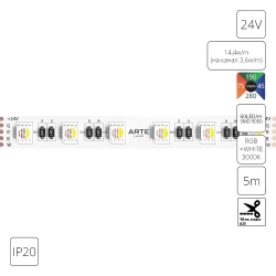 Фото Светодиодная лента 24V 14,4W/m (на канал 3,6W/m) RGB+W 3000К 5м IP20 Arte Lamp TAPE A2406012-02-RGB3K